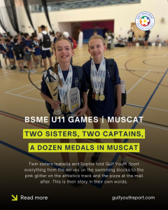 Two sisters showing off their medals at BSME Games in Muscat for DBS Jumeira