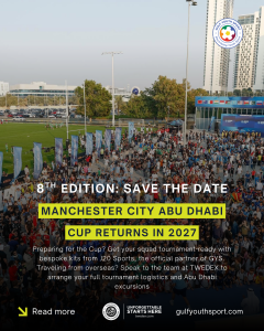 Manchester City Abu Dhabi Cup 2027 announcement graphic featuring the 8th edition dates of January 8-10 at Zayed Sports City. Includes partnership mentions for J20 Sports kits and TWEDEX travel logistics with the Gulf Youth Sport and Trans World Educational Experiences logos.