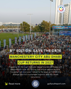 Manchester City Abu Dhabi Cup 2027 announcement graphic featuring the 8th edition dates of January 8-10 at Zayed Sports City. Includes partnership mentions for J20 Sports kits and TWEDEX travel logistics with the Gulf Youth Sport and Trans World Educational Experiences logos.