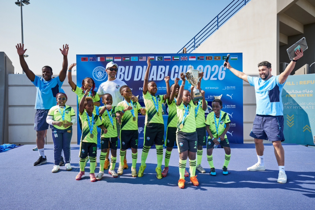 Winning team lifting the trophy at the Manchester City Abu Dhabi Cup.